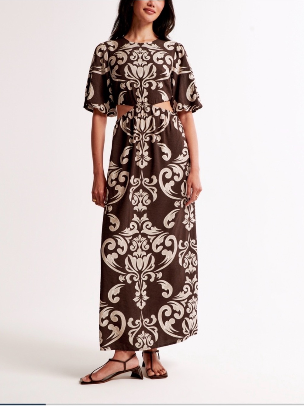 Short Sleeve Brown & Cream Cutout Maxi Dress